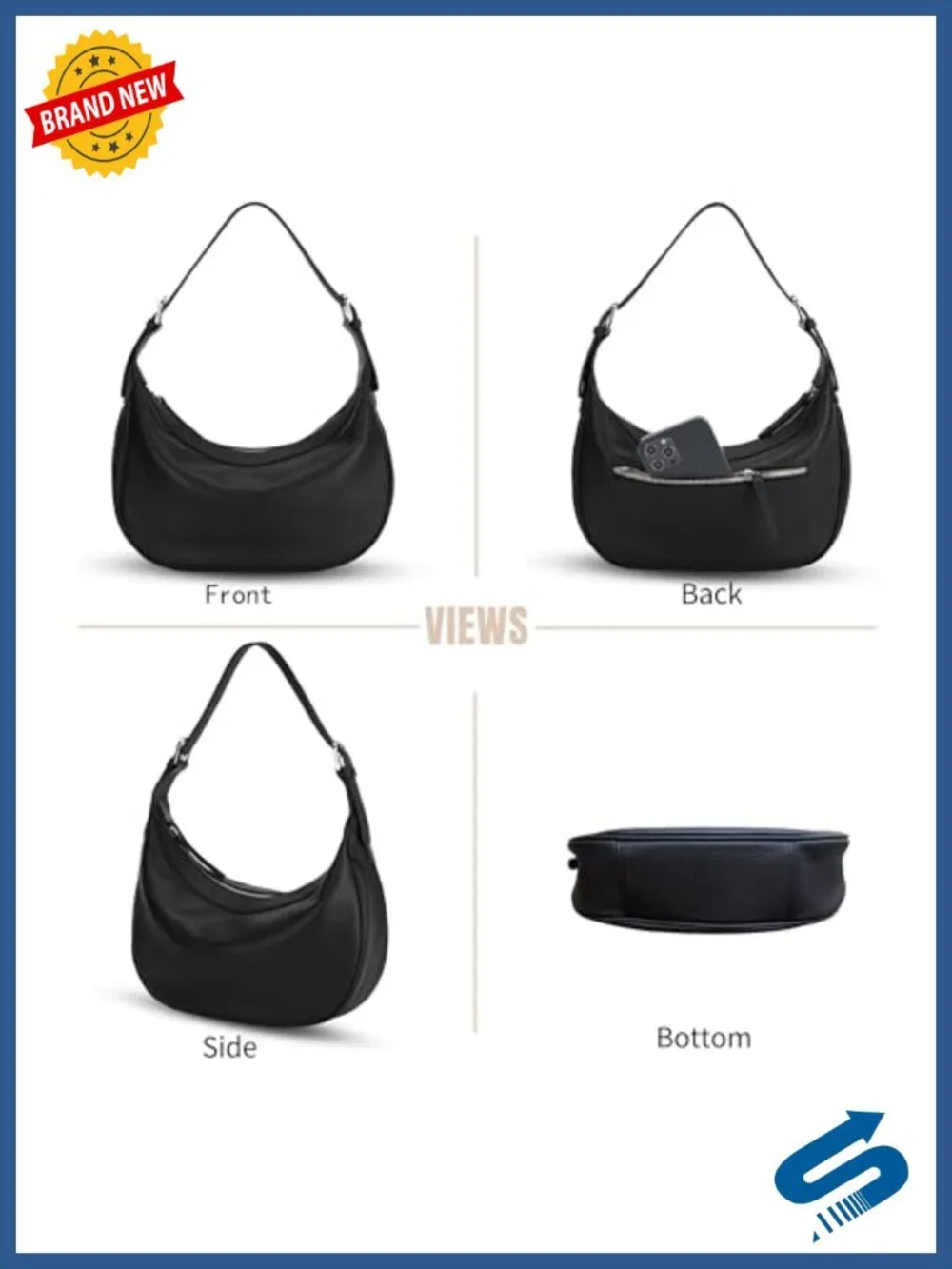 Genuine Leather Hobo Crossbody Bag with Two Adjustable Straps